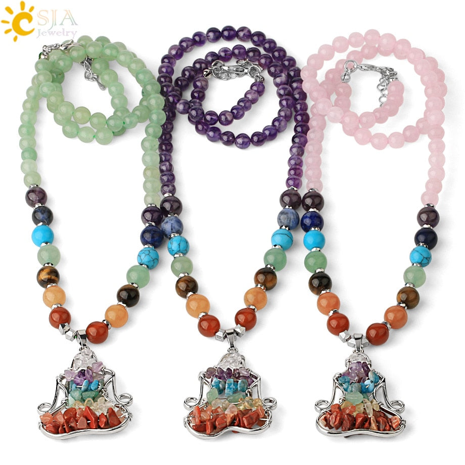 CSJA Natural Stone 7 Chakra Pendant Necklace Reiki Yoga Bead Healing Crystal Meditation Women Necklaces Lobster Clasp Chain G372