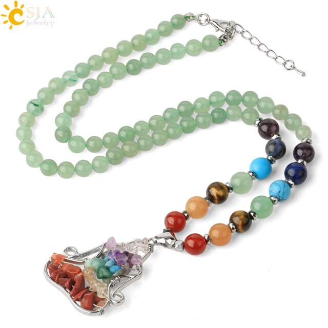 CSJA Natural Stone 7 Chakra Pendant Necklace Reiki Yoga Bead Healing Crystal Meditation Women Necklaces Lobster Clasp Chain G372