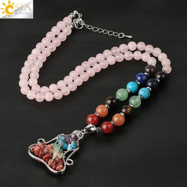 CSJA Natural Stone 7 Chakra Pendant Necklace Reiki Yoga Bead Healing Crystal Meditation Women Necklaces Lobster Clasp Chain G372