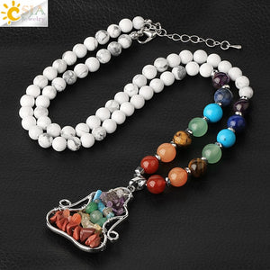 CSJA Natural Stone 7 Chakra Pendant Necklace Reiki Yoga Bead Healing Crystal Meditation Women Necklaces Lobster Clasp Chain G372