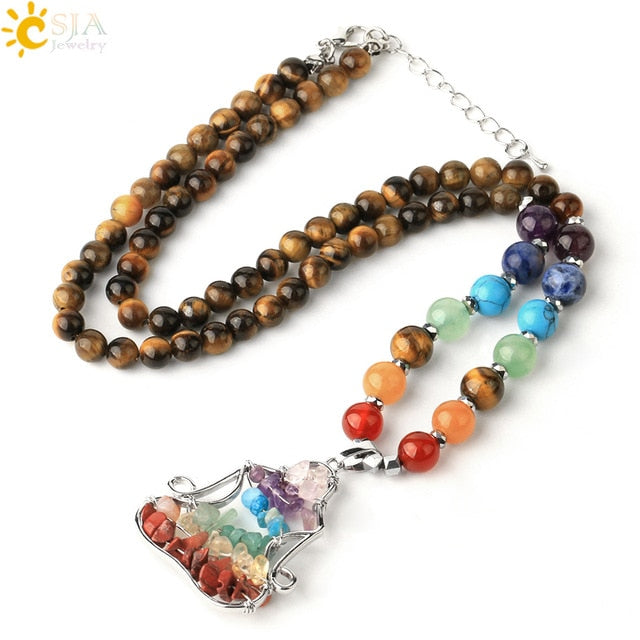 CSJA Natural Stone 7 Chakra Pendant Necklace Reiki Yoga Bead Healing Crystal Meditation Women Necklaces Lobster Clasp Chain G372