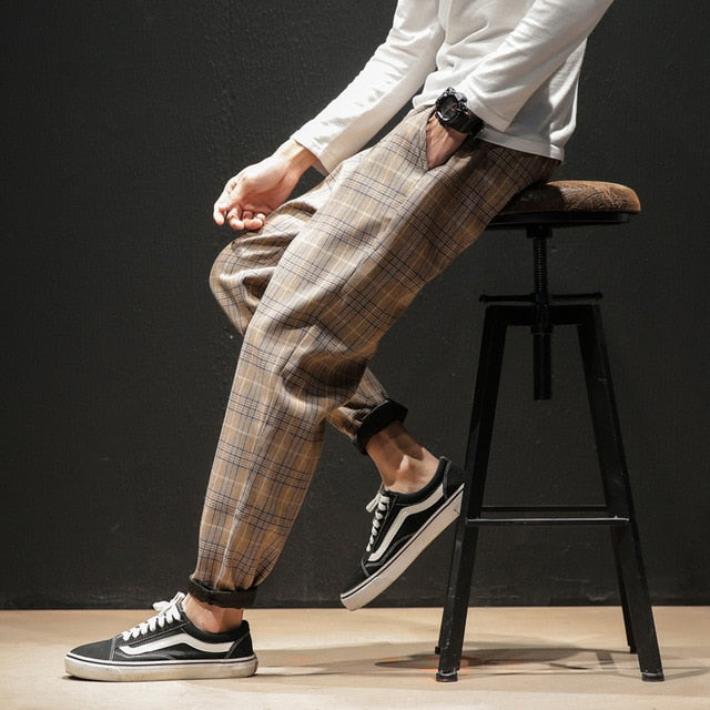 Japanese Streetwear Men Plaid Pants Fashion Slim Man Casual Trousers Korean Male Harem Pants