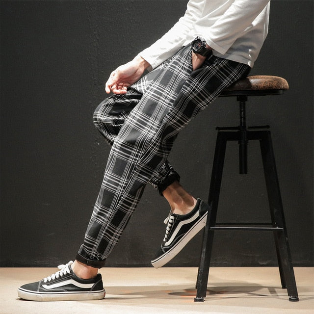 Japanese Streetwear Men Plaid Pants Fashion Slim Man Casual Trousers Korean Male Harem Pants