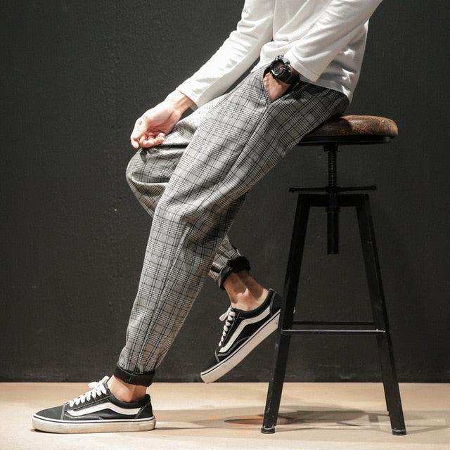 Japanese Streetwear Men Plaid Pants Fashion Slim Man Casual Trousers Korean Male Harem Pants