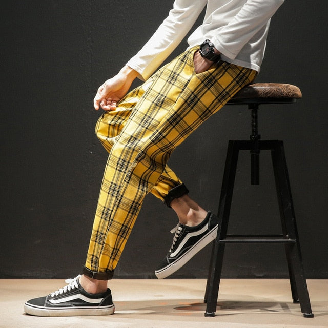 Japanese Streetwear Men Plaid Pants Fashion Slim Man Casual Trousers Korean Male Harem Pants