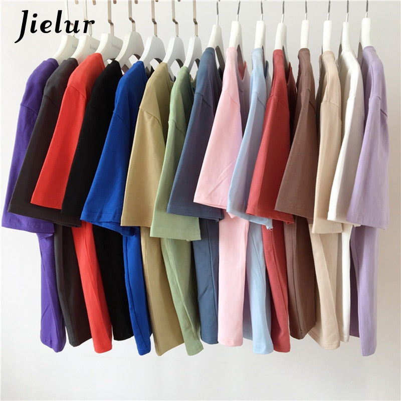 Jielur Tee Shirt 15 Solid Color Basic T Shirt Women Casual O-neck Harajuku Summer Top Korean Hipster White Tshirt S-XL