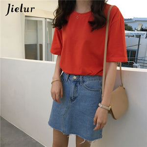 Jielur Tee Shirt 15 Solid Color Basic T Shirt Women Casual O-neck Harajuku Summer Top Korean Hipster White Tshirt S-XL