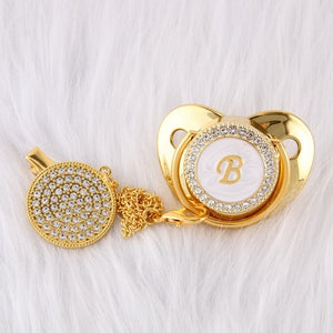 26 Name Initial Letter Baby Pacifier and Pacifier Clips BPA Free Silicone Infant Nipple Gold Bling Newborn Dummy Soother