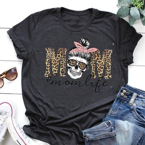 Leopard Skull Head Mom Life Print Women T Shirt Short Sleeve O Neck Loose Women Tshirt Ladies Fashion Tee Shirt Tops Clothes