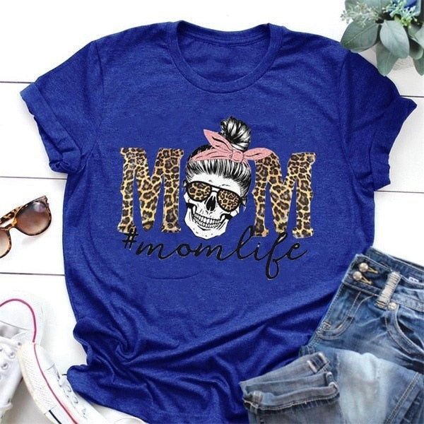 Leopard Skull Head Mom Life Print Women T Shirt Short Sleeve O Neck Loose Women Tshirt Ladies Fashion Tee Shirt Tops Clothes