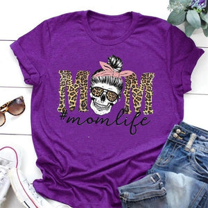 Leopard Skull Head Mom Life Print Women T Shirt Short Sleeve O Neck Loose Women Tshirt Ladies Fashion Tee Shirt Tops Clothes