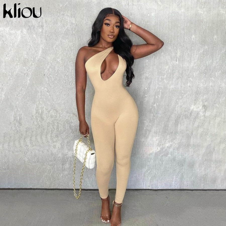 Kliou One Shoulder Sexy Cut Out Rompers Womens Jumpsuit Streetwear Solid Backless Active Wear Skinny Slim Jumpsuits Summer