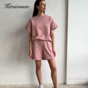 Hirsionsan Summer Cotton Sets Women Casual Two Pieces Short Sleeve T Shirts and High Waist Short Pants Solid Outfits Tracksuit