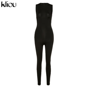 Kliou new jumpsuit women elastic hight casual fitness sporty rompers sleeveless zipper activewear skinny summer outfit