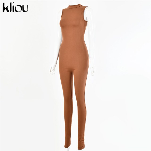 Kliou new jumpsuit women elastic hight casual fitness sporty rompers sleeveless zipper activewear skinny summer outfit