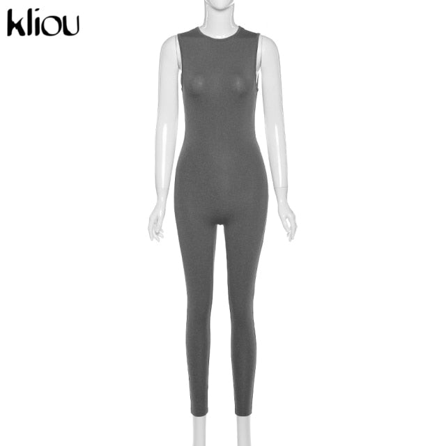 Kliou new jumpsuit women elastic hight casual fitness sporty rompers sleeveless zipper activewear skinny summer outfit