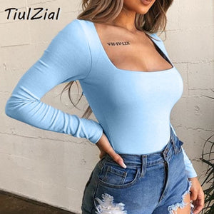 TiulZial Square Collar Long Sleeve Bodycon Bodysuit For Women Autumn White Women Bodysuit Winter Casual Body Female Top Black