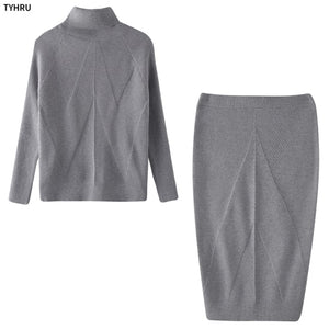 TYHUR Autumn Women's Knitting Costume Turtleneck Solid Color Pullover Sweater + Slim Skirt Two-Piece Set