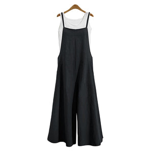 Women Strap Loose Jumpsuit Summer Casual Wide Leg Pants Solid Dungaree Bib Overalls Sleeveless Oversized Cotton Linen Jumpsuits