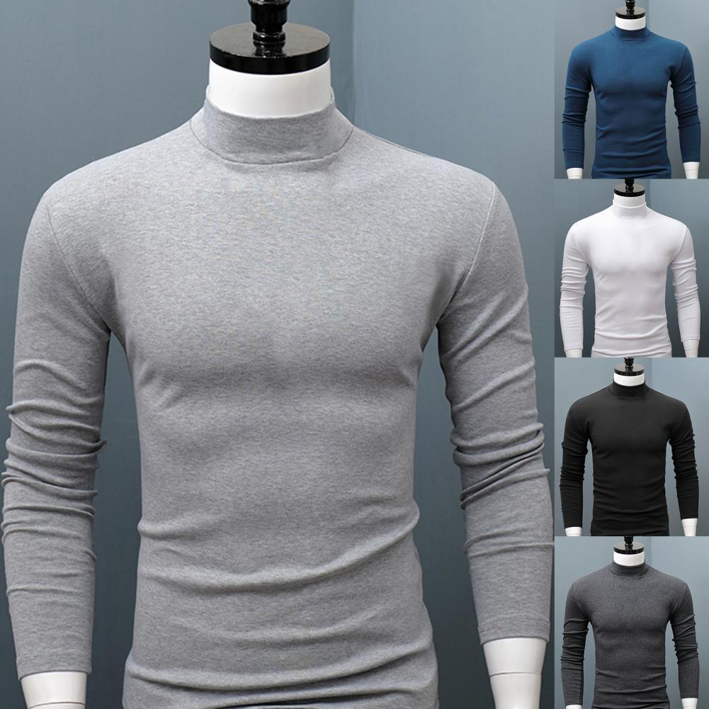 Men Shirt Sweater Solid Color Half High Collar Casual Slim Long Sleeve Keep Warm Tight Shirt Male for Men Clothes Inner Wear