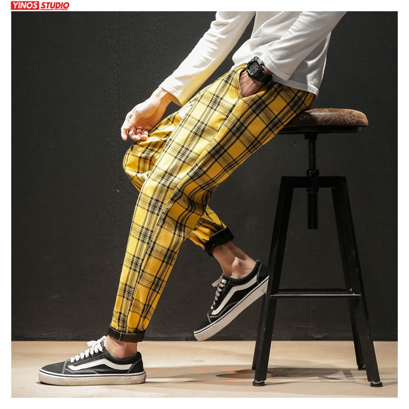 Japanese Streetwear Men Plaid Pants Fashion Slim Man Casual Trousers Korean Male Harem Pants